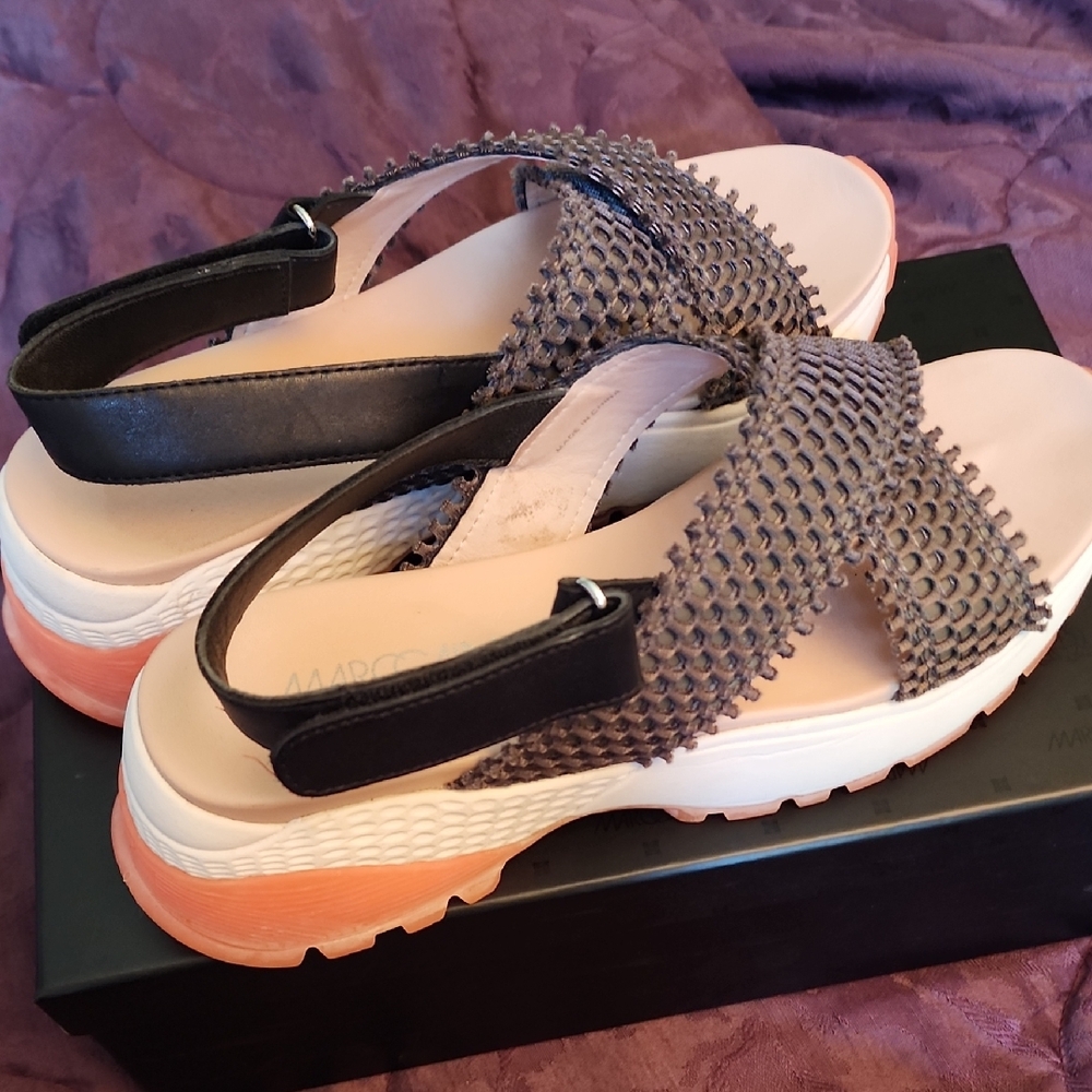 Marc Cain Black and Cream Sandals with Orange Soles